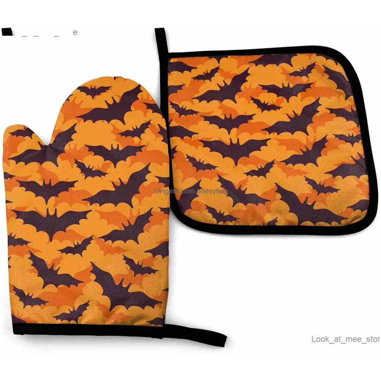 halloween bat flower oven gloves and pot holder set heat-resistant and non slip kitchen oven gloves used for cooking barbecue and barbecue