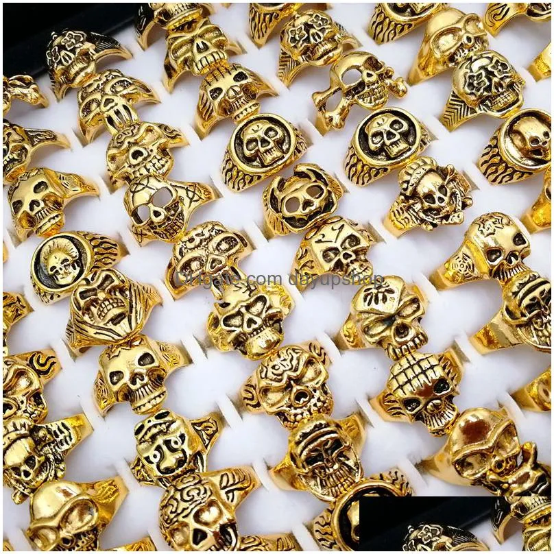 fashion 30pcs mixed lots gothic punk skull band rings tough guy vintage styles mens womens jewelry golden silvery gift