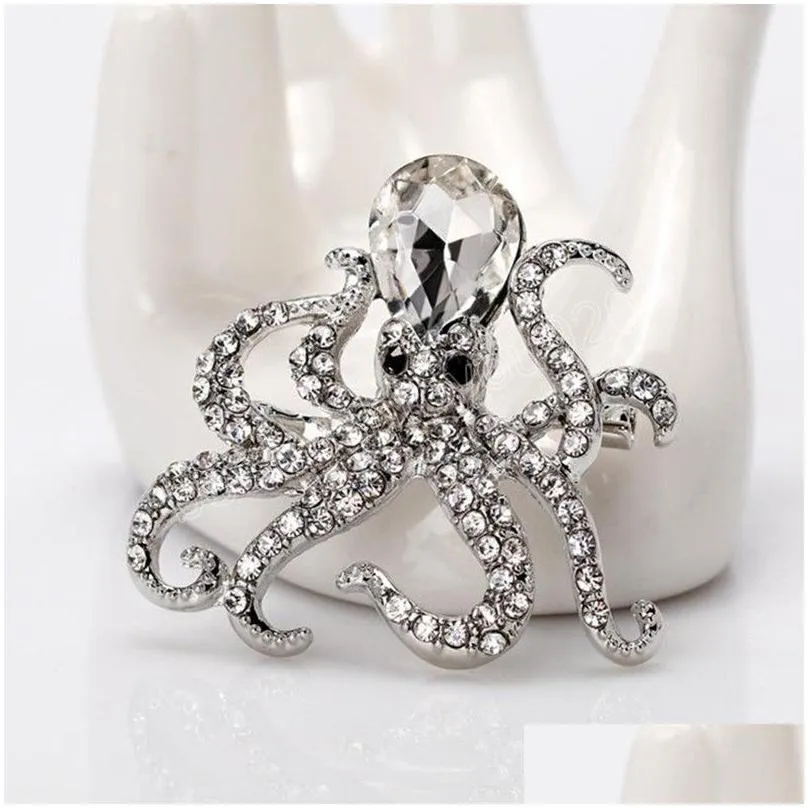 Octopus Brooch For Men Full Rhinestones Antique Silver Color Jewelry Pin Brooches Accessories