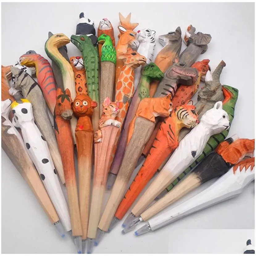 wholesale carved wood pen wild ocean animals gel pens stationery hand painted creative vintage wooden writpen school office supply christmas party