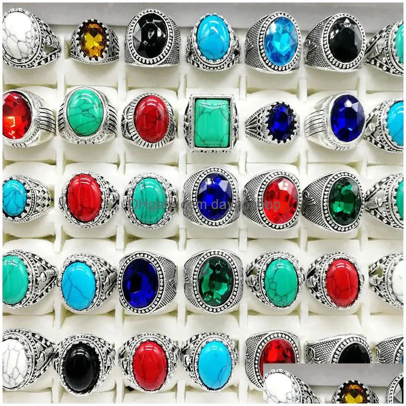 new 30pcs/pack turquoise band rings mens womens fashion jewelry antique silver vintage natural stone ring party gifts