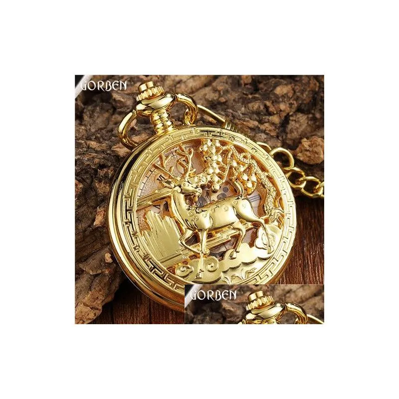 2021 Gold Clock Flower Deer Carving Design Mechanical Pocket Watch FOB Waist Chain Skeleton Hollow Steampunk Men