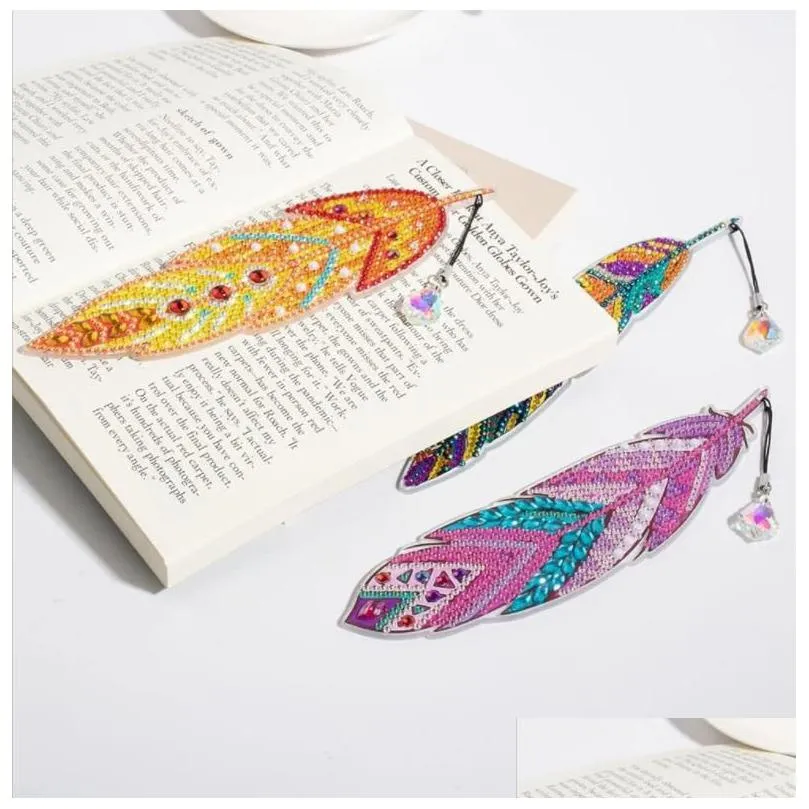 diamond painting bookmarks party favors diy feather crystal leather book mark kit arts crafts gifts for adults kids