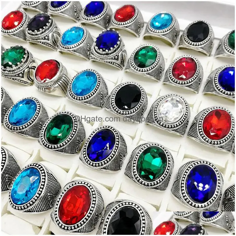 new 30 pieces/lot mix style crystal band ring antique silver acrylic jewelry fit womens men gifts