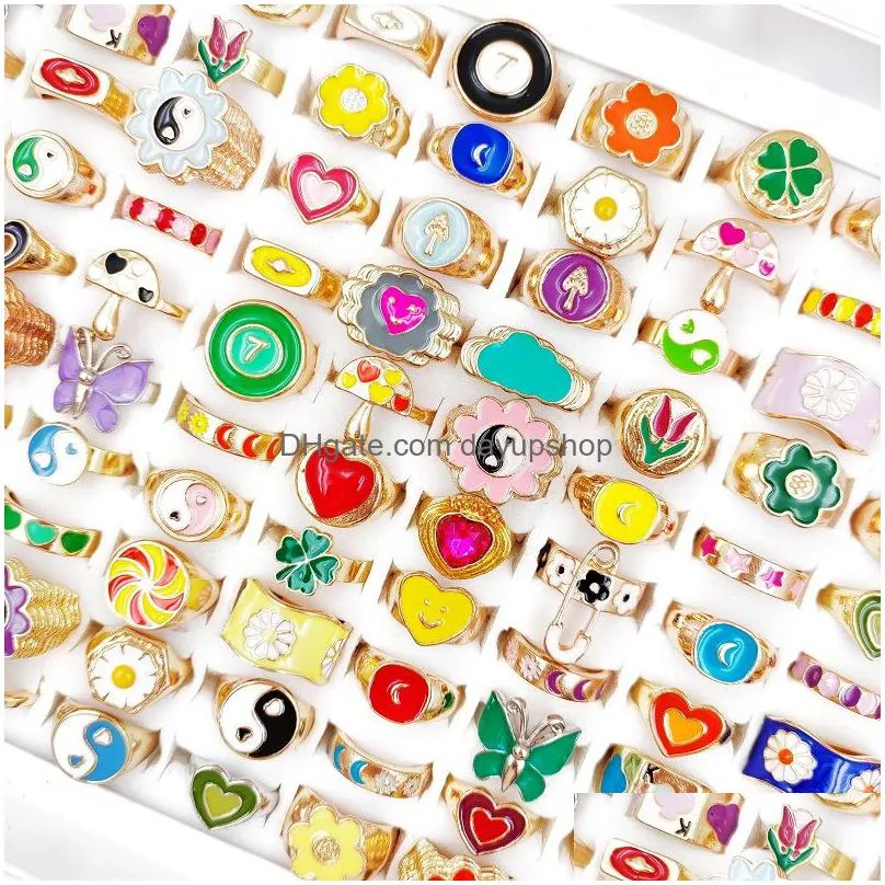 20pcs/lot dripping oil glaze colorful ring for women girls trendy sweet flower butterfly smile yin yang finger rings band party