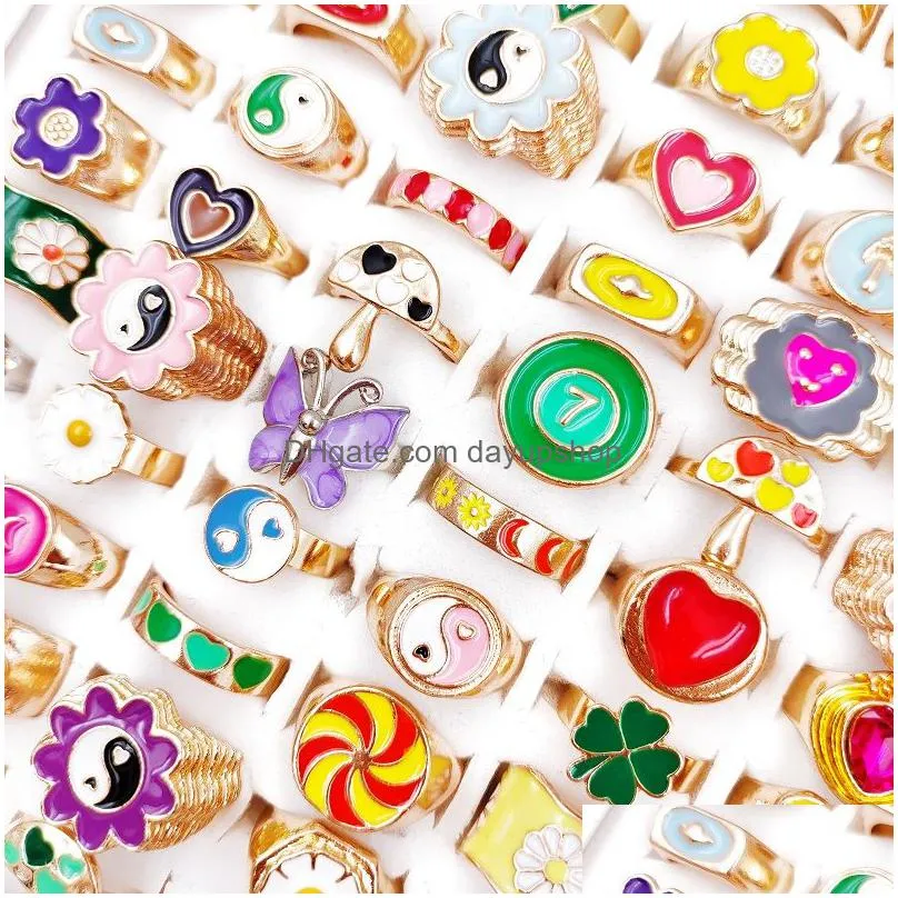 20pcs/lot dripping oil glaze colorful ring for women girls trendy sweet flower butterfly smile yin yang finger rings band party