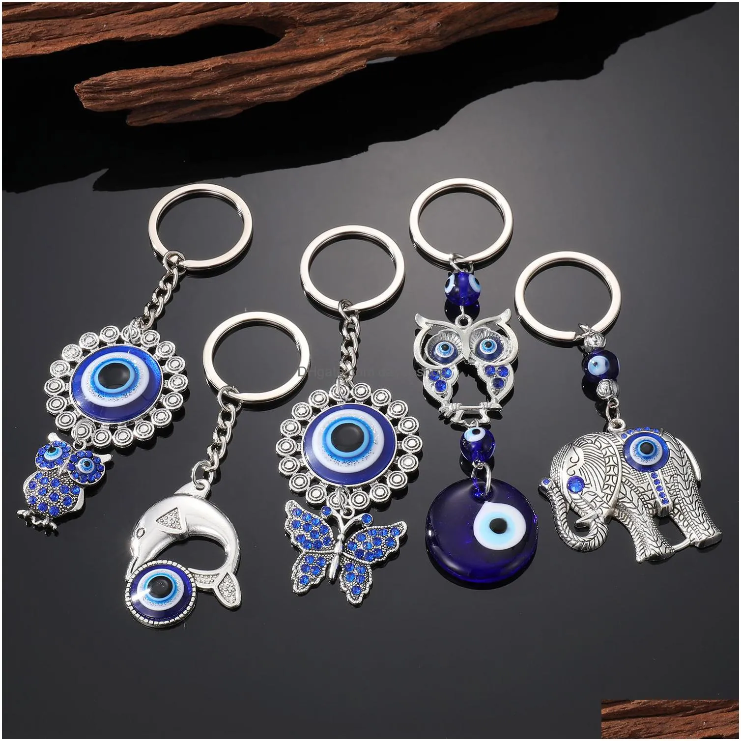 classic design antique silver blue evil eye key chain animal pendant crafting keychain hanging ornament jewelry for gift