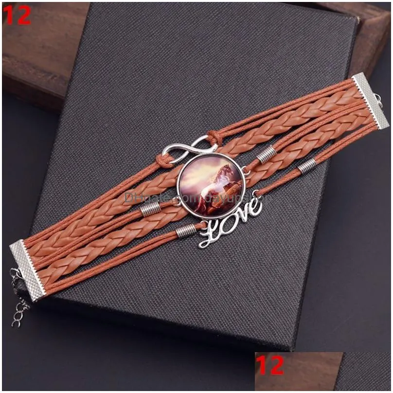 fashion 10pcs/lot leather horse snap bracelets vintage women jewelry charm pattern glass handmade woven multi-layer combination bangle