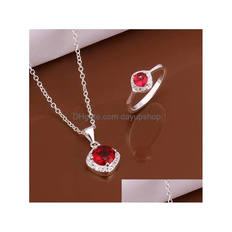 high grade 925 sterling silver piece inlaid ruby jewelry sets dfmss547 brand new factory direct sale wedding 925 silver necklace