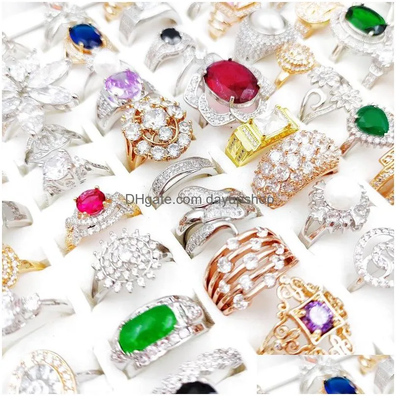 10pcs/lot elegant copper zircon natural gem stone rings women men mixed style colorful rhinestone crystal cluster ring wedding anniversary party jewelrty
