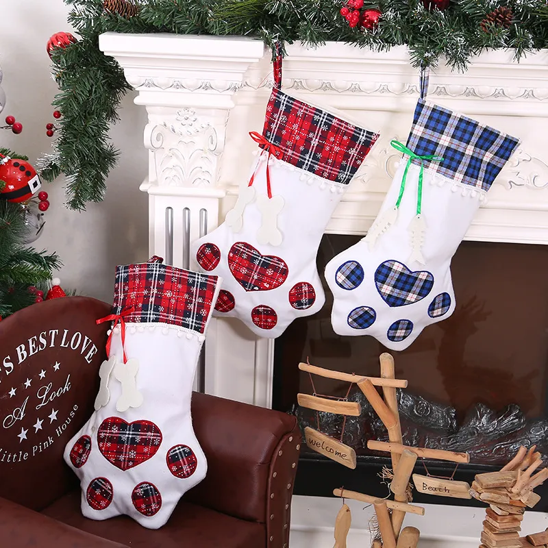 Hot Xmas Hanging Decorations In Christmas Pet Santa Sack Polyester Cat Plaid Christmas Stocking Personalize For Pets