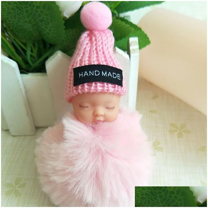 Sleeping Baby Doll Keychain Pom-pom Rabbit Fur Ball Keyring Women Key Holder Bag hangs Fashion jewelry