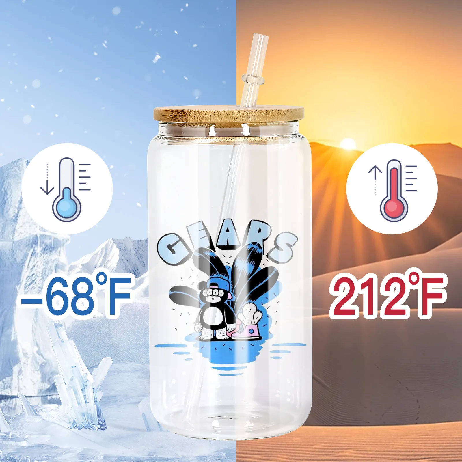 CA USA warehouse 16 oz frosted glass sublimation cup with bamboo lid transparent frosted coffee cup
