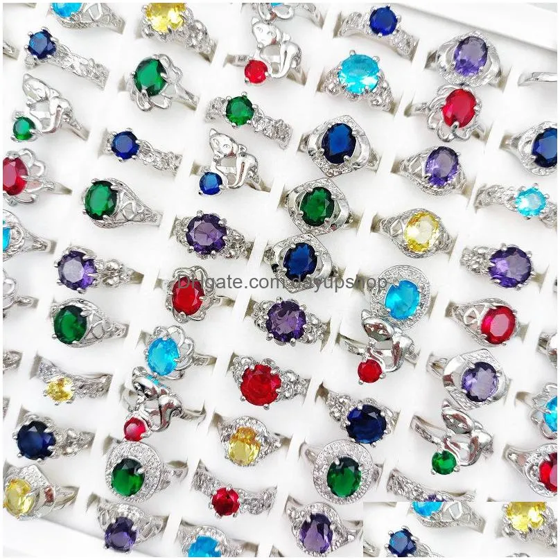 charm 20pcs/lot colorful natural stone rings solitaire ring zircon band for women and men mixed style fashion jewelry wedding party gifts