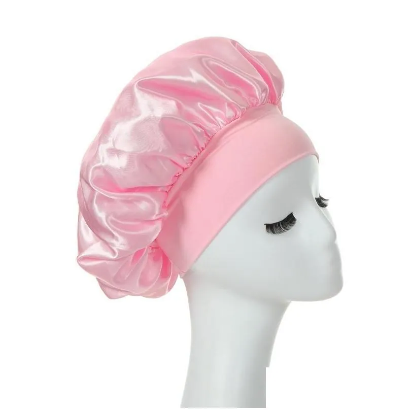 solid color satin wide band night hat for women girl elastic sleep caps bonnet hair care fashion accessories