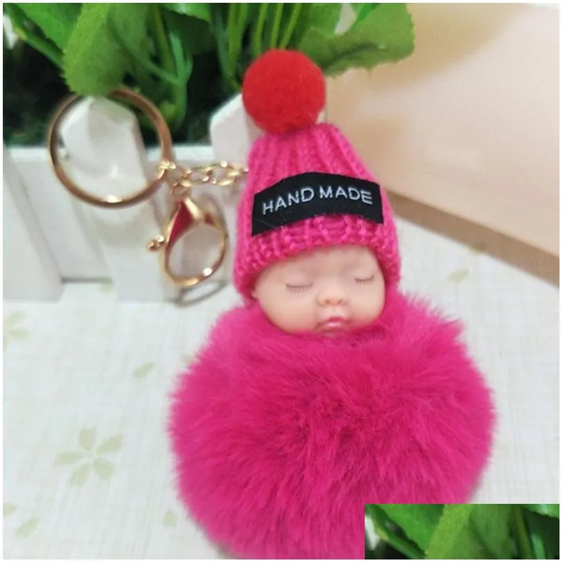 Sleeping Baby Doll Keychain Pom-pom Rabbit Fur Ball Keyring Women Key Holder Bag hangs Fashion jewelry