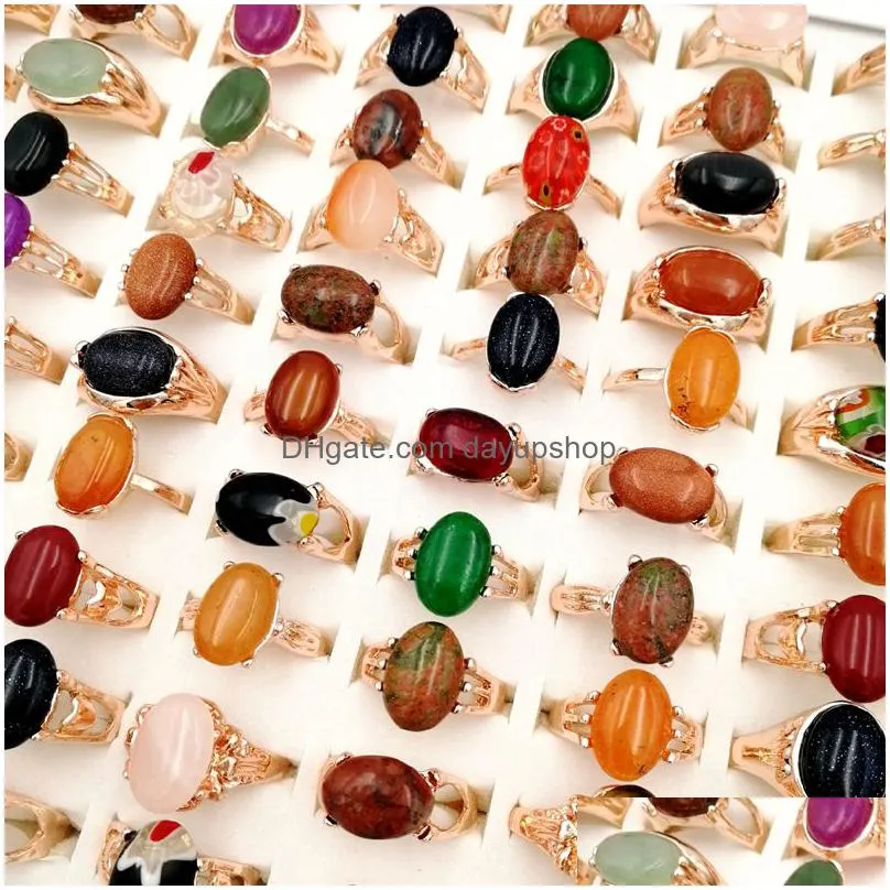 newest 30 pieces/lot natural gemstone band rings crystal bohemia mix style rose gold designs for womens and men fashion party charm jewelry