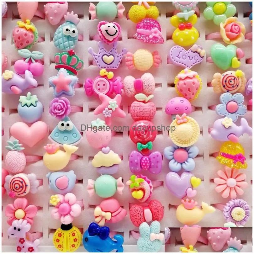 new 200pcs/lot childrens cartoon band rings resin jewelry heart shape animals flower baby girl ring gift