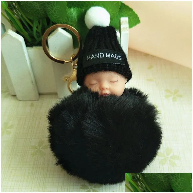 Sleeping Baby Doll Keychain Pom-pom Rabbit Fur Ball Keyring Women Key Holder Bag hangs Fashion jewelry