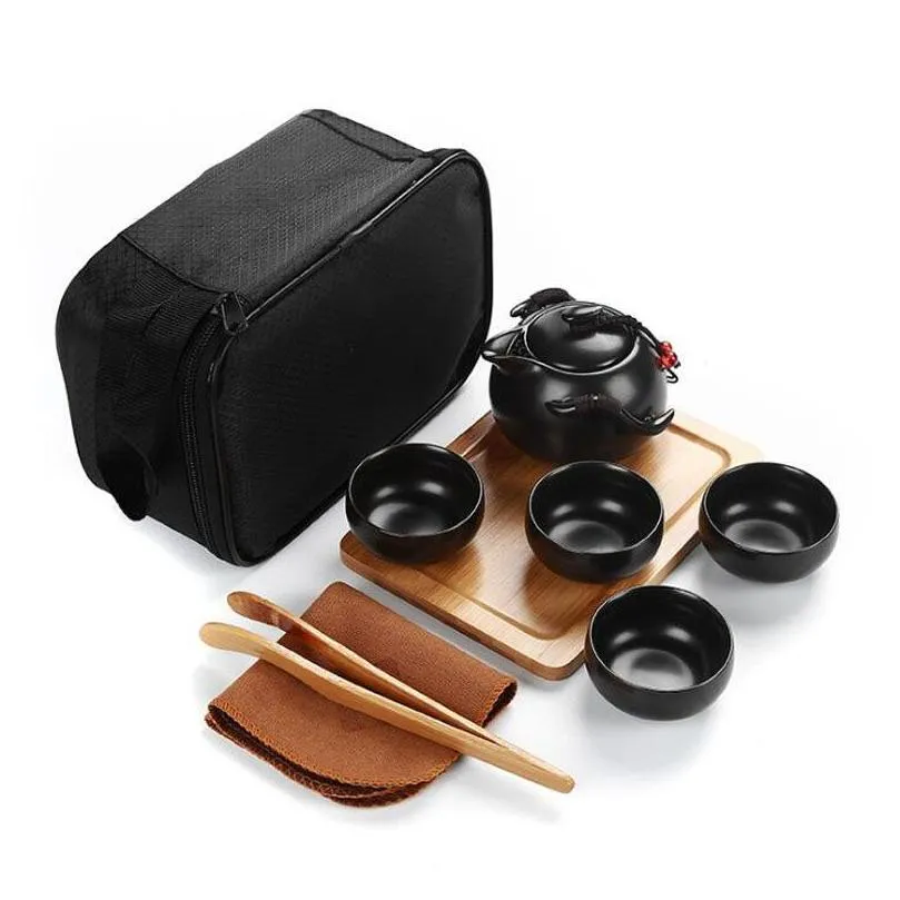 handmade chinese / japanese vintage kungfu gongfu tea set - porcelain teapot 4 teacups bamboo tea tray with a portable travel bag