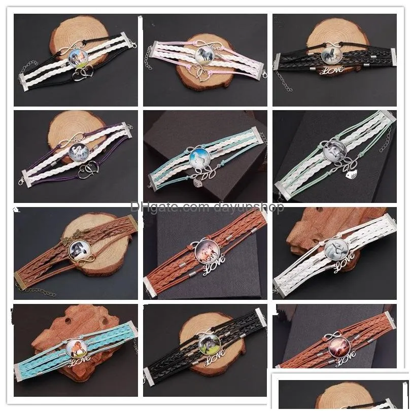 fashion 10pcs/lot leather horse snap bracelets vintage women jewelry charm pattern glass handmade woven multi-layer combination bangle