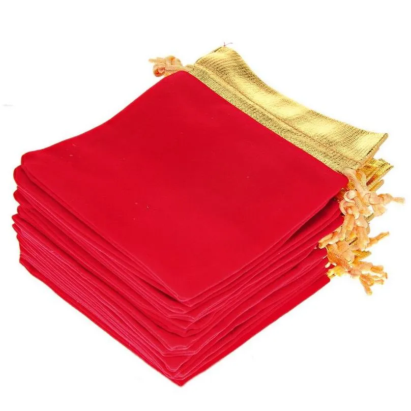 50PCs Velvet Gold Color Trim Drawstring Jewelry Gift Bags Pouches Wedding Party Decoration Favor Drawable Bag