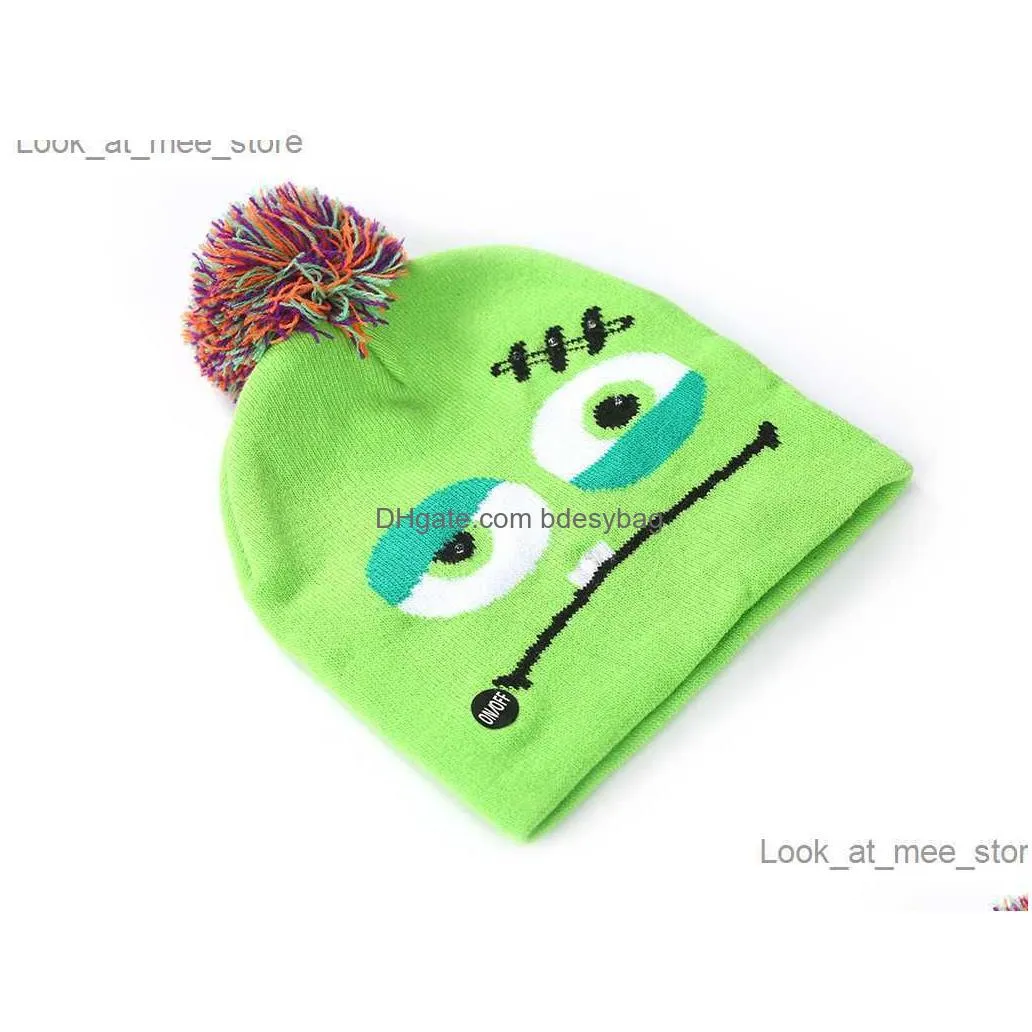 halloween hat sweater santa claus elk knitted bean hat with led light cartoon pattern christmas gift suitable for children`s new year supplies