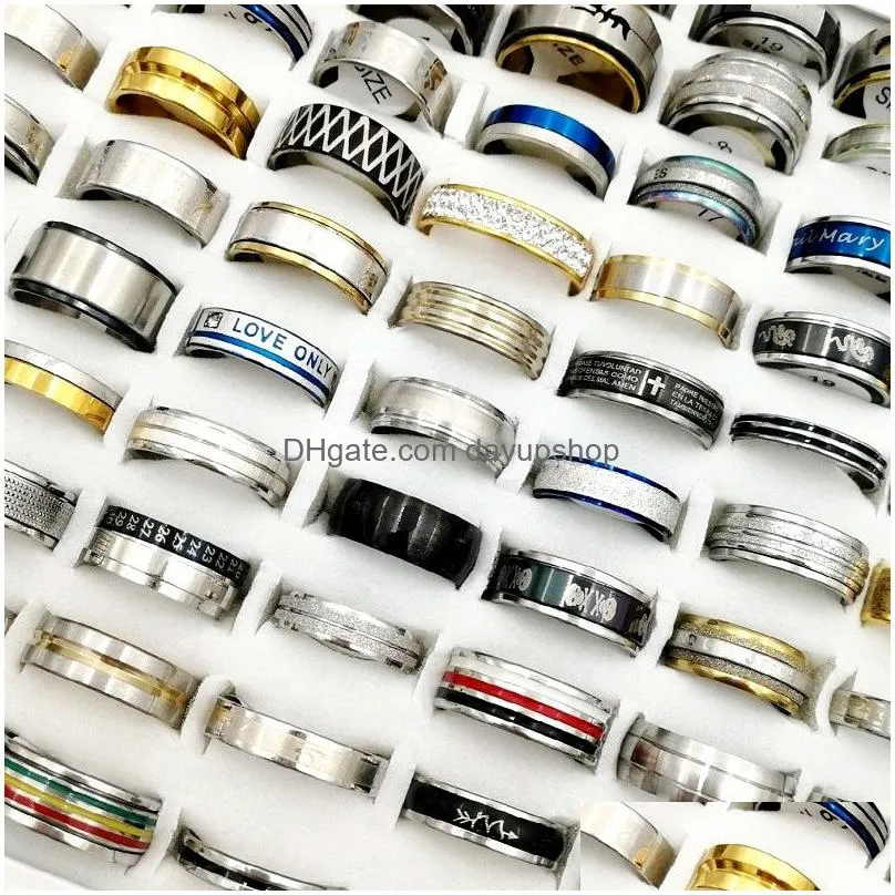 newest fashion 50pcs/pack mix styles stainless steel band ring titanium finger rings good fit mens and womens charm jewelry gift