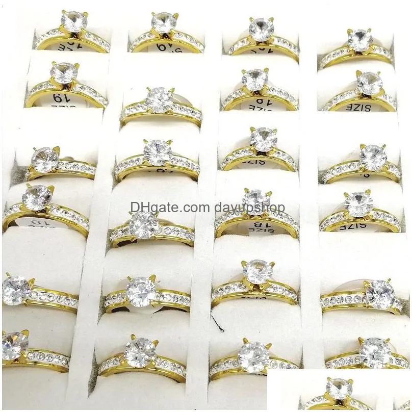 10pcs/lot stainless steel band ring big zircon crystal rhinestone women size 6 to 11 wedding gift jewelry