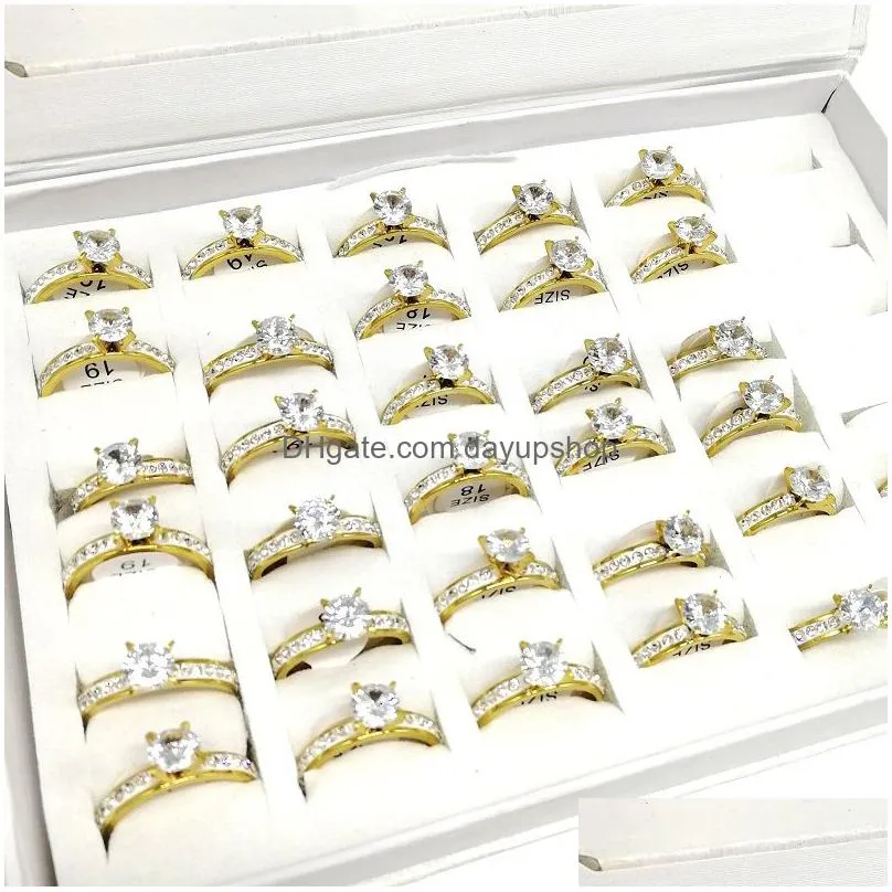 10pcs/lot stainless steel band ring big zircon crystal rhinestone women size 6 to 11 wedding gift jewelry