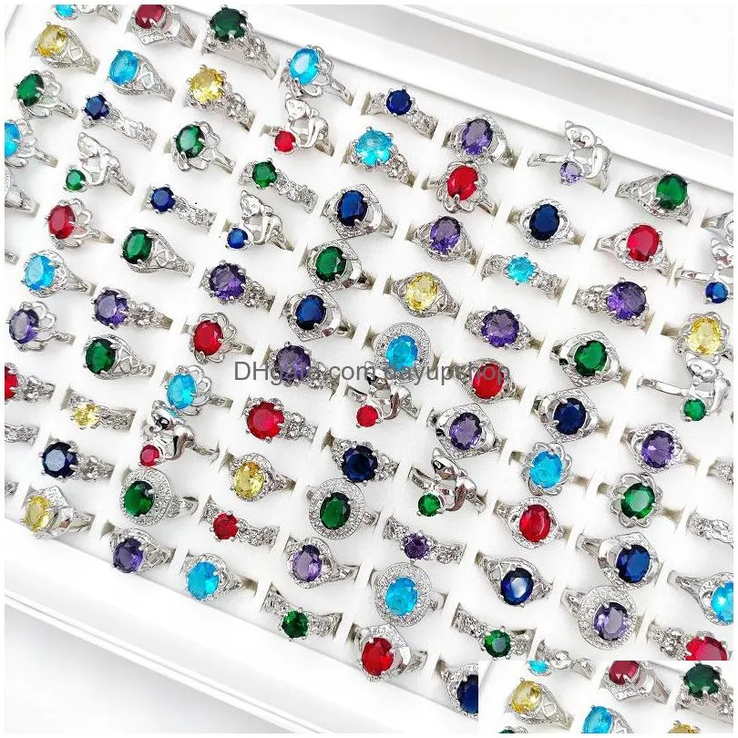 charm 20pcs/lot colorful natural stone rings solitaire ring zircon band for women and men mixed style fashion jewelry wedding party gifts