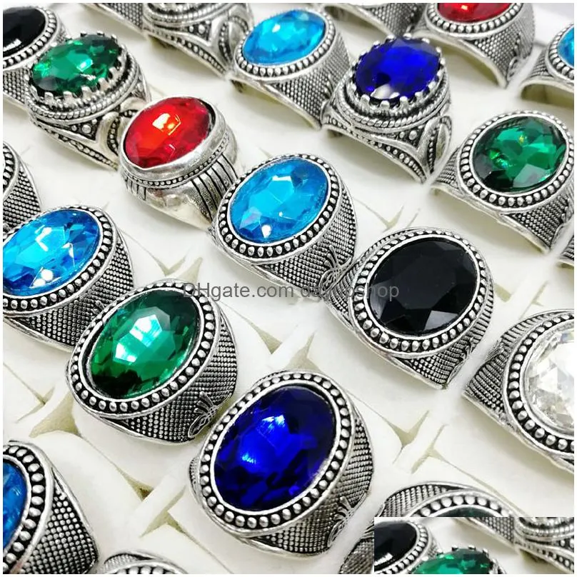 new 30 pieces/lot mix style crystal band ring antique silver acrylic jewelry fit womens men gifts