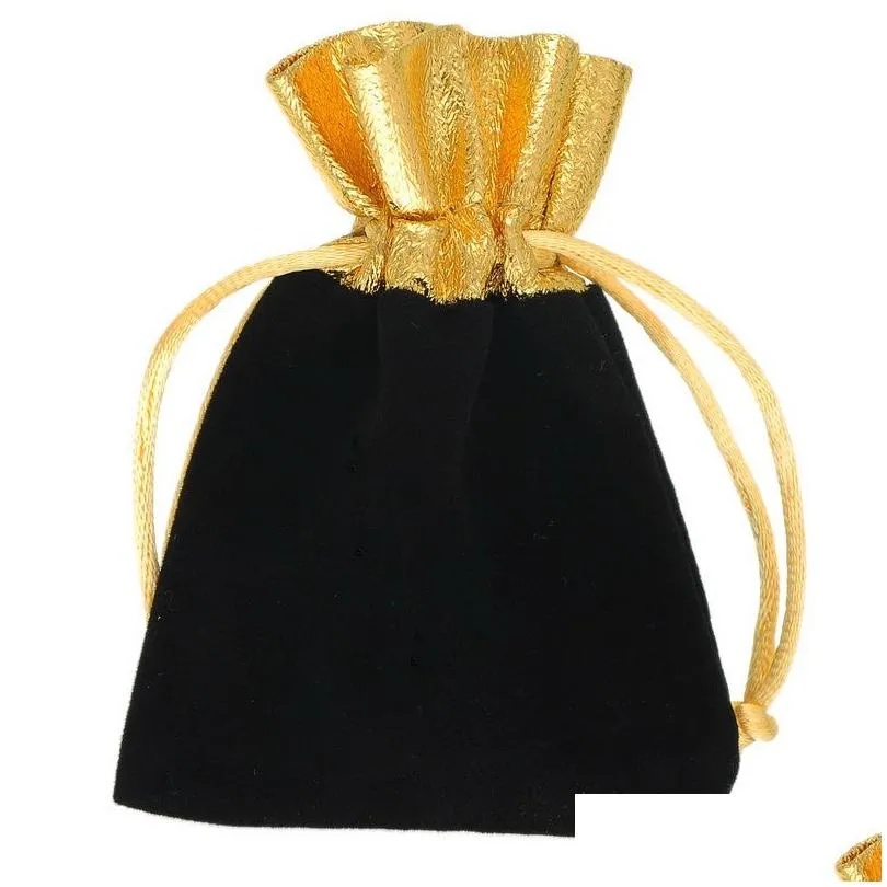 50PCs Velvet Gold Color Trim Drawstring Jewelry Gift Bags Pouches Wedding Party Decoration Favor Drawable Bag