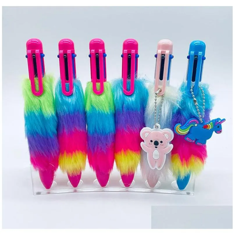 wholesale rainbow plush fur ballpoint pens 6 in 1 fluffy retractable writing pens birthday holiday party gift for girls women kids school office classroom