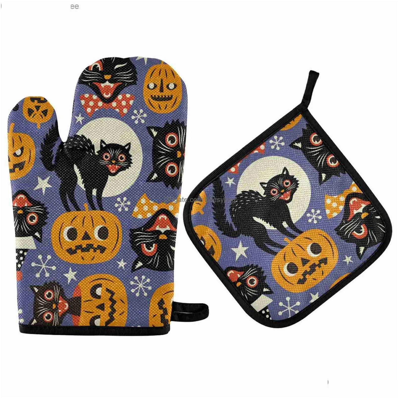 halloween jack oven gloves and pot rack set cartoon pumpkin heat resistant and non slip kitchen oven gloves heat pad z230810