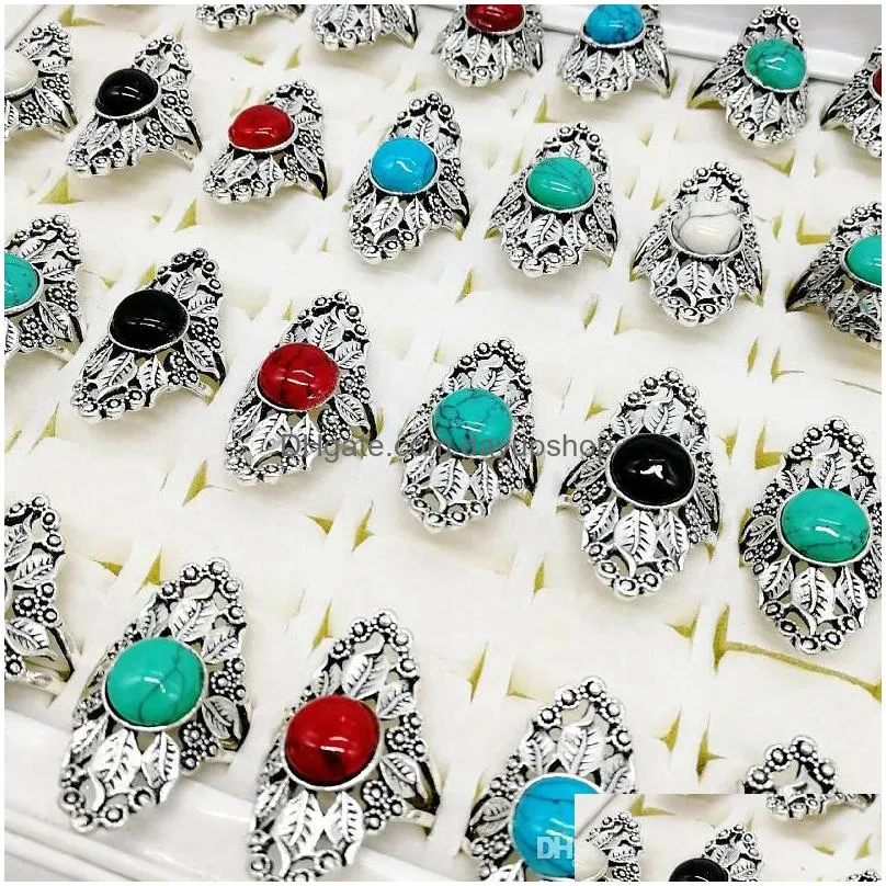 fashion 100pieces/lot turquoise ring mix style large size antique silver punk diy vintage jewelry fit womens men gifts