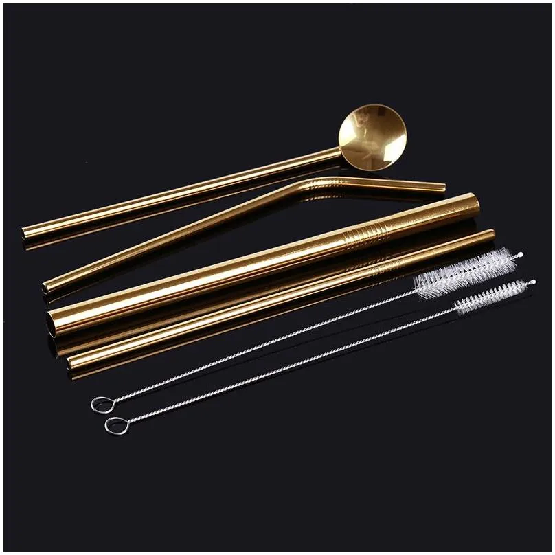 6pcsset reusable drinking straws stainless steel straw with cleaner brush straight bent drinking straws with box bar accessory