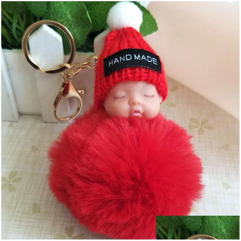 Sleeping Baby Doll Keychain Pom-pom Rabbit Fur Ball Keyring Women Key Holder Bag hangs Fashion jewelry