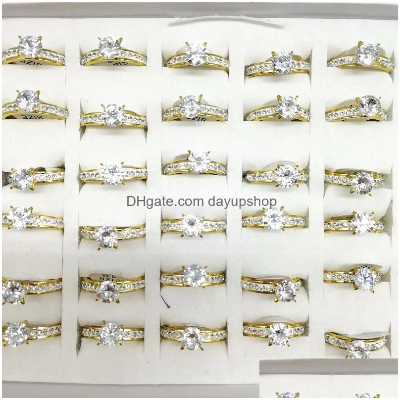 10pcs/lot stainless steel band ring big zircon crystal rhinestone women size 6 to 11 wedding gift jewelry