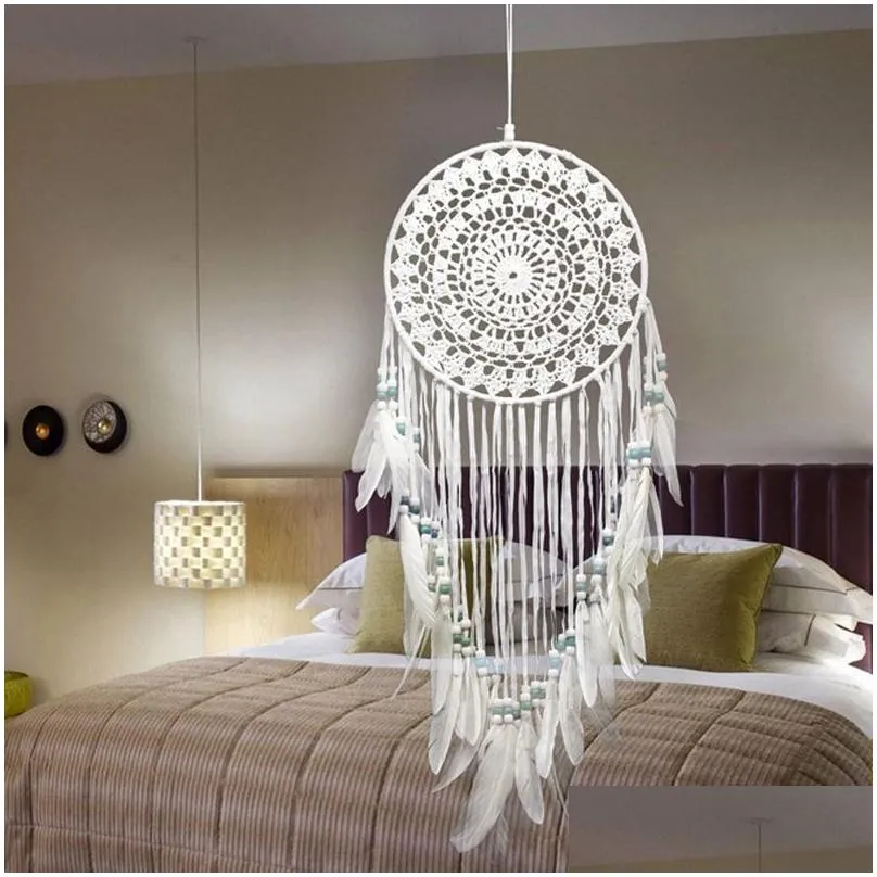 handmade lace dream catcher circular with feathers hanging decoration ornament craft gift clogheted white dreamcatcher wind chimes