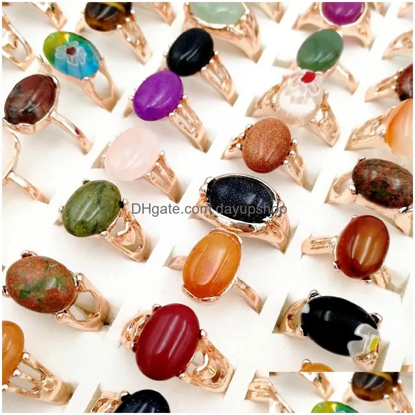 newest 30 pieces/lot natural gemstone band rings crystal bohemia mix style rose gold designs for womens and men fashion party charm jewelry