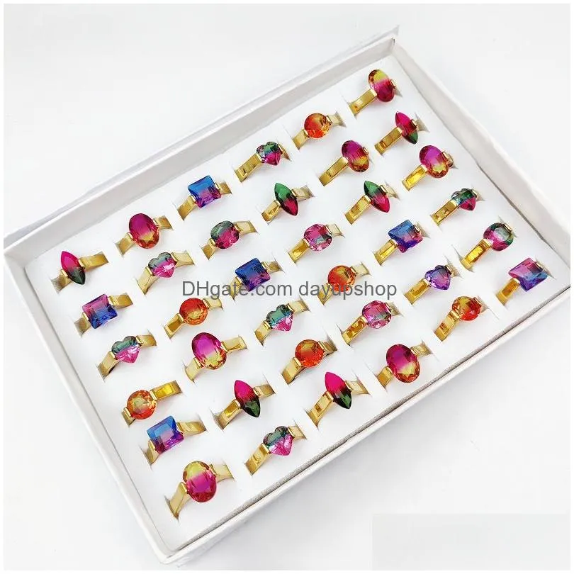 20pcs/lot natural stone rainbow tourmaline rings for women stainless steel band solitaire ring mixed style charm crystal party jewelry