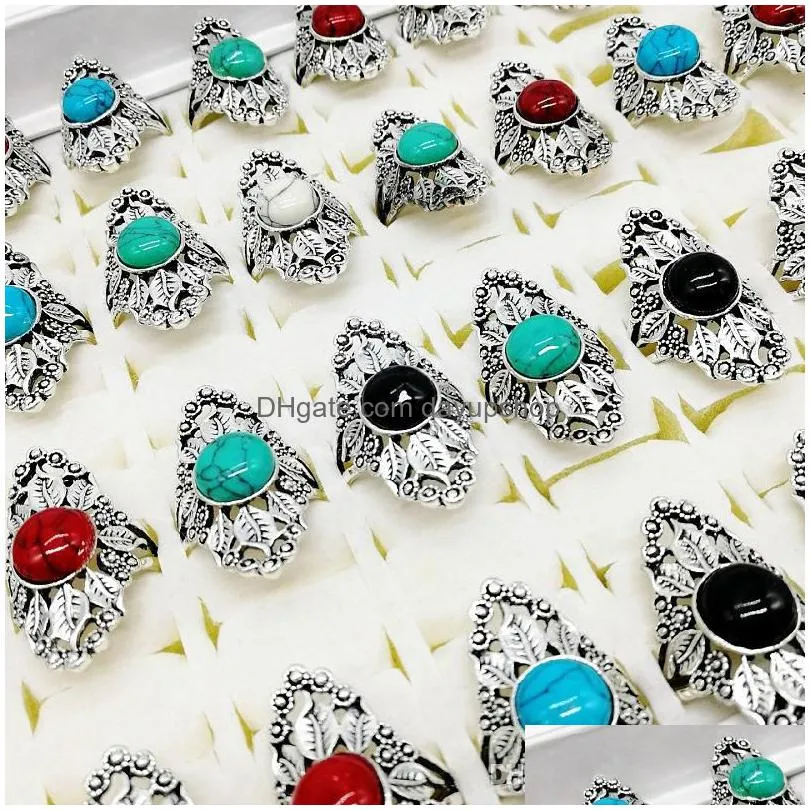 fashion 100pieces/lot turquoise ring mix style large size antique silver punk diy vintage jewelry fit womens men gifts