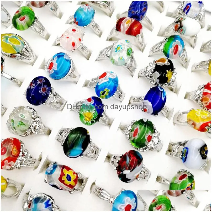 newest 20 pieces/lot imitation glaze band rings mix style glass flower designs fit womens and men fashion party charm gem jewelry girl kid