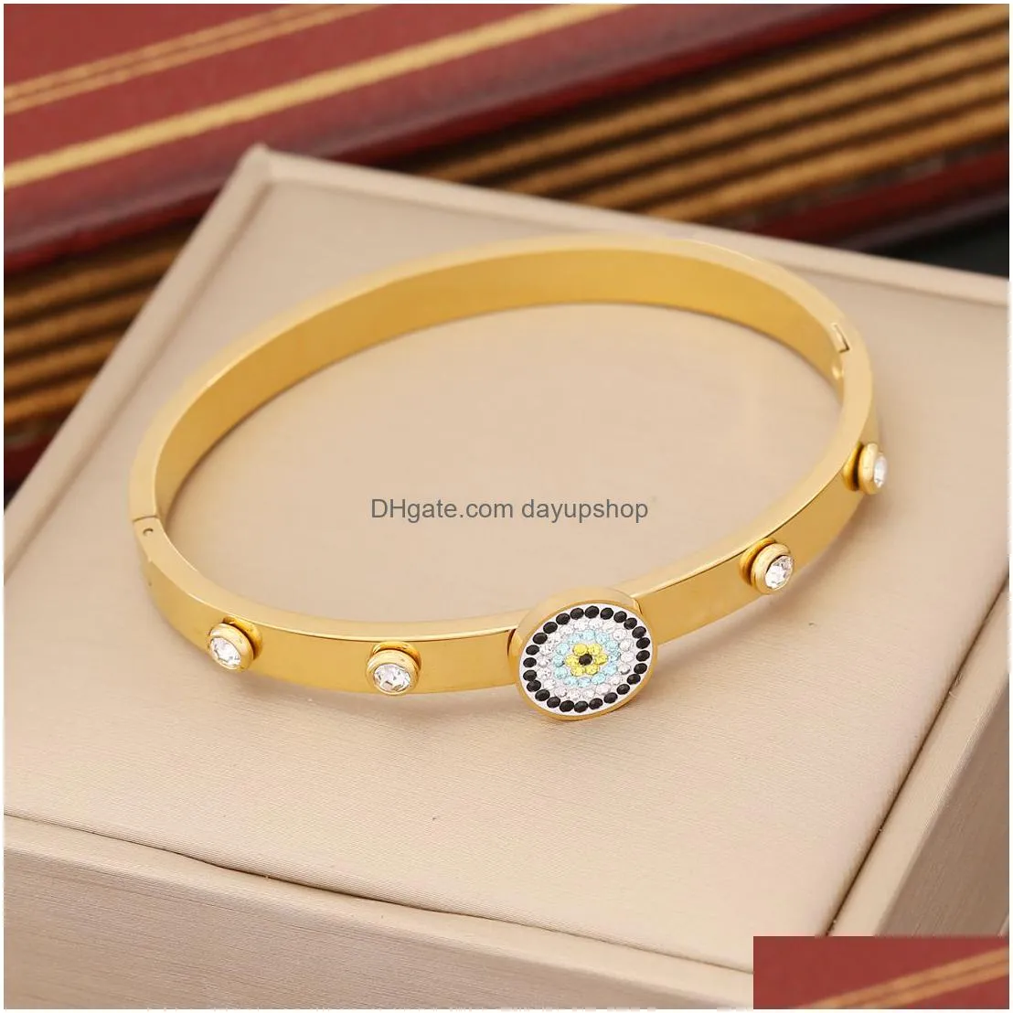 luxury brand 18k gold evil eye clover bangle ins style stainless steel bracelet for women gift