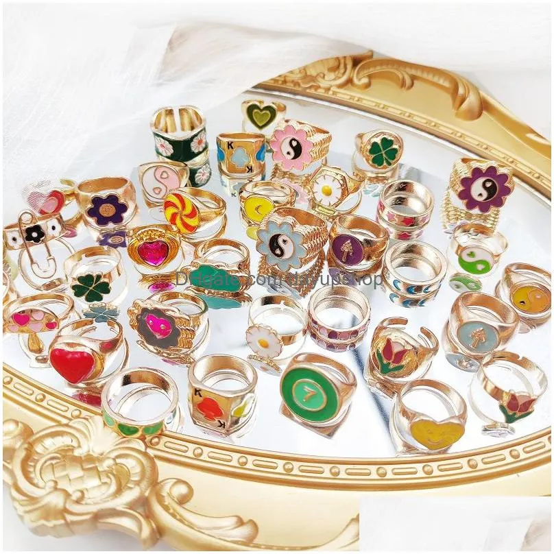 20pcs/lot dripping oil glaze colorful ring for women girls trendy sweet flower butterfly smile yin yang finger rings band party