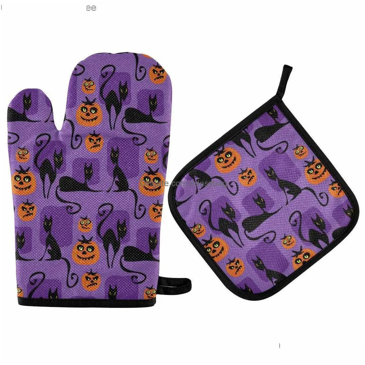 halloween jack oven gloves and pot rack set cartoon pumpkin heat resistant and non slip kitchen oven gloves heat pad z230810