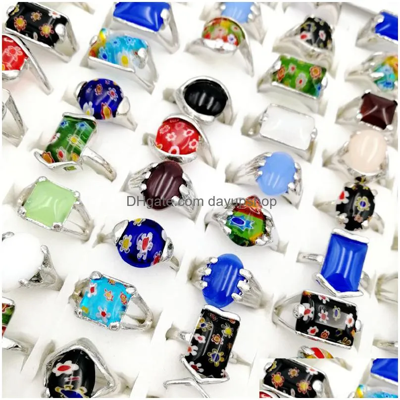 new 30 pieces/lot natural gemstone ring finger band mix style flower designs fit womens and mens fashion party charm jewelry girl kid