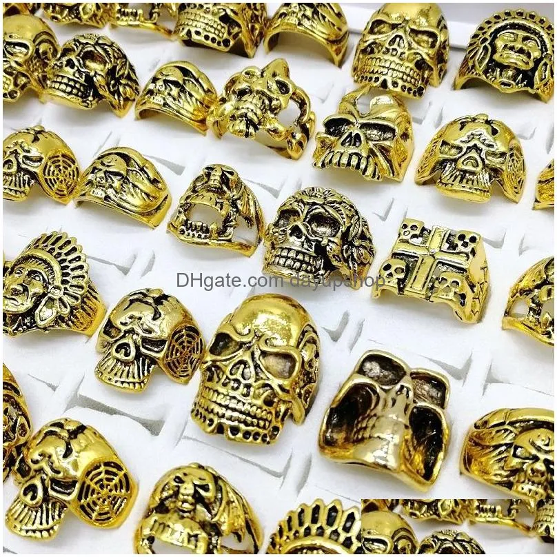 fashion punk style 50pcs/lot skull band rings mix silver gold skeleton big sizes mens women metal jewelry party gift