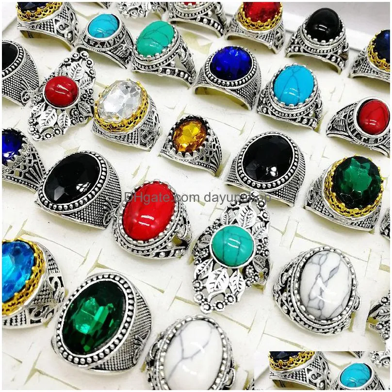 fashion 30 pieces/lot turquoise band rings jewelry large size crystal antique silver natural stone ring womens men party gift